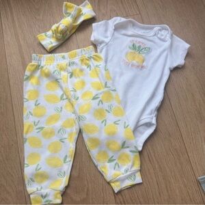 Chick Pea Baby 6-9M 3 Piece Lemon Matching Set, Summer Outfit, Baby Girl Outfit